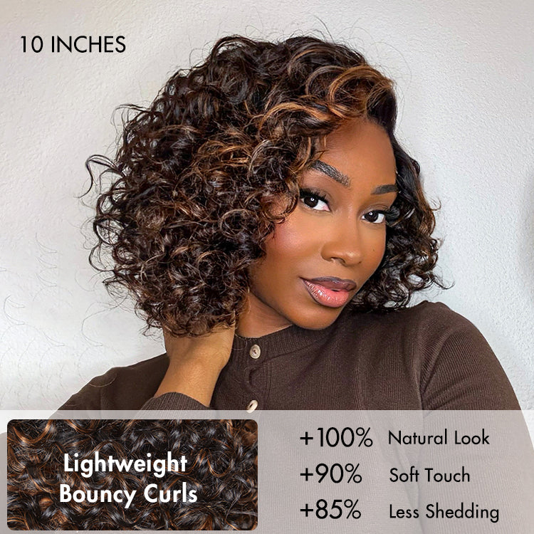 Subscriber Only | Effortless Elegance Brown Highlight / Natural Black Bouncy Curly Wig Minimalist HD Lace Glueless Wig Pre-Cut Lace-03