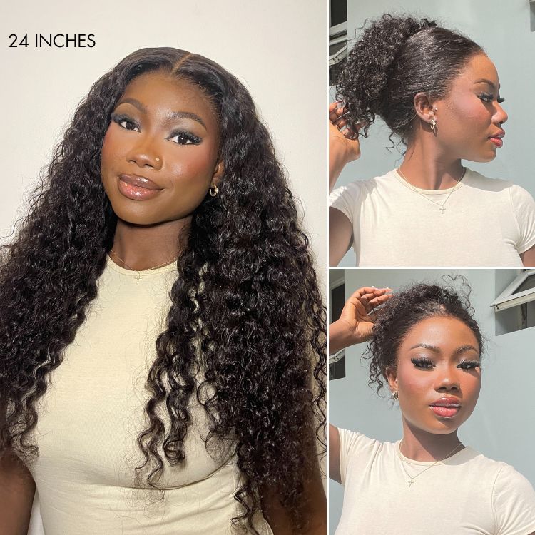 Luvme Hair PreMax Water Wave Flexi-Fit 360 lace wig with long curly hair and pre-cut lace, featuring an invisibility drawstring cap.
