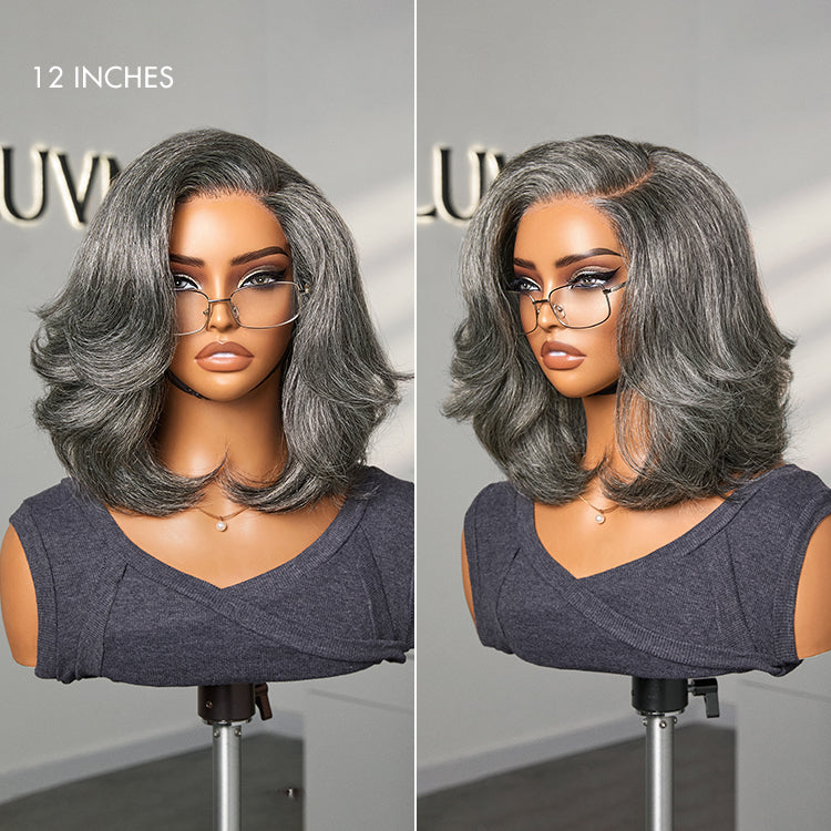 New Customers Only | Boss Vibe Salt & Pepper Layered Bob / Body Wave Glueless Pre-Cut Minimalist Lace Grey Wig-10
