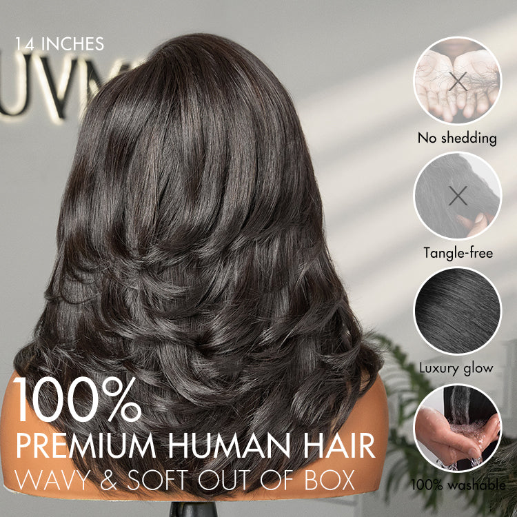 Luvme Hair butterfly cut layered wavy short wig with glueless HD lace, minimalist style and effortless chic appearance.