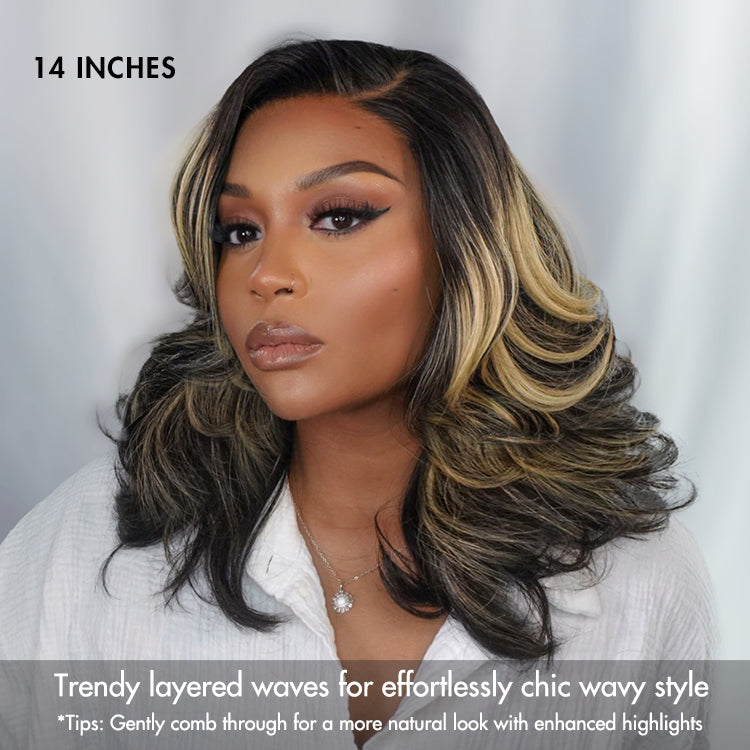 Effortlessly chic layered wavy short lace wig by Luvme Hair, featuring a glueless HD minimalistic lace design.