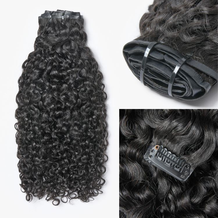 Luvme Hair Burmese curly seamless clip-in extensions made of human hair, displayed with a free gift accessory.