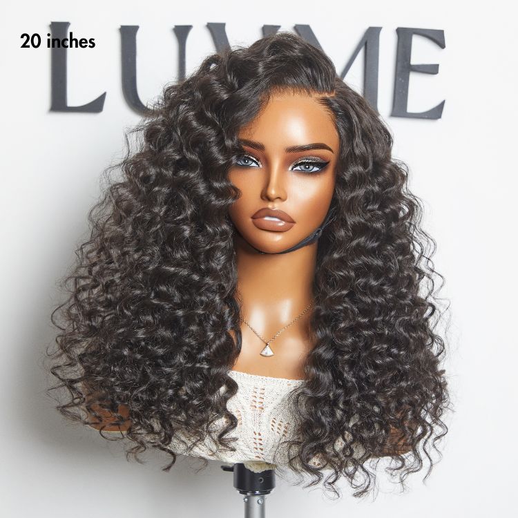 Luvme Hair water wave 7x6 closure lace wig with HD lace, 100% human hair, ready-to-wear glueless wig on a mannequin head.