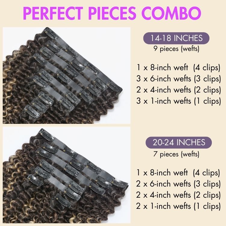 Luvme Highlights Silky Straight, Kinky Curly, Deep Wave human hair clip-in extensions, 135g, 9 or 7 pieces with free gift