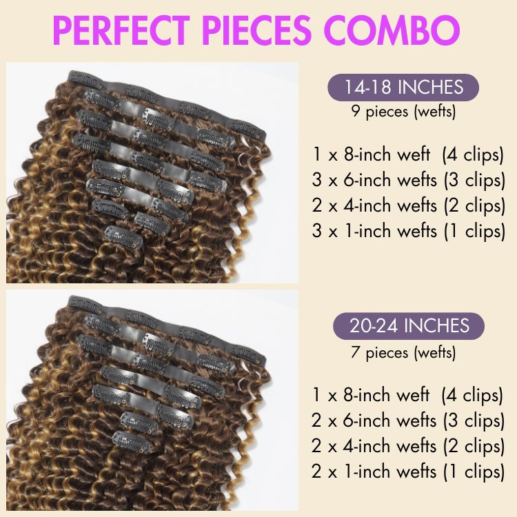 Luvme Highlights Silky Straight, Kinky Curly, Deep Wave clip-in human hair extensions, 9pcs or 7pcs with free gift, 135g weight
