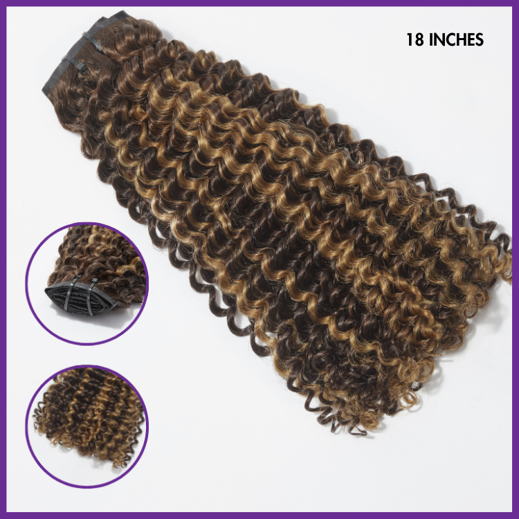 Luvme Highlights Silky Straight and Kinky Curly clip-in human hair extensions with 7 or 9 pieces, 135g weight, and free gift included