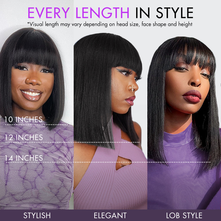 Luvme glueless Yaki straight bob lace wig with bangs, realistic 100% human hair, styled for a natural look, minimal lace detail.