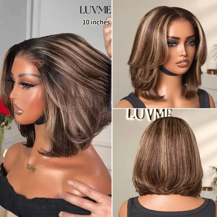 Luvme Hair blonde and brown highlight layered bob wig with glueless 5x5 closure and pre-cut lace, short and stylish.
