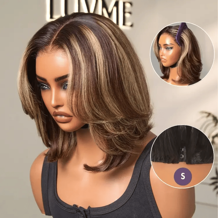 Luvme Hair blonde and brown highlight short layered bob wig with glueless 5x5 closure and pre-cut lace.