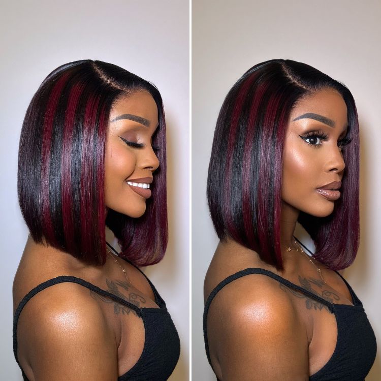 Dark Red Highlights Silky Blunt Cut C Part Glueless Minimalist HD Lace Bob Wig Beginner Friendly-01