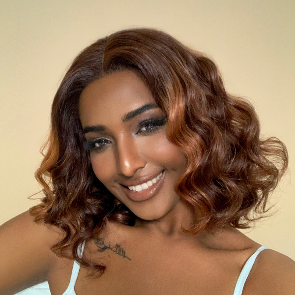 Luvme brown ombre loose wave short wig with HD lace, glueless, minimalist design, showcasing soft waves and natural hair texture.