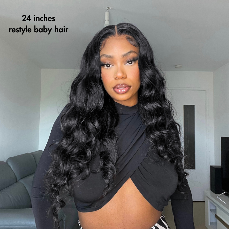 Jet black Luvme Hair 5x5 closure lace wig with loose body wave 100% human hair, glueless style, detailed close-up of the wig cap and waves.