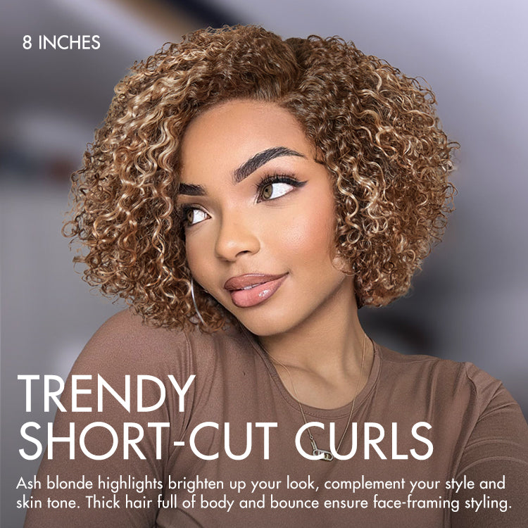 Beginner Friendly Ash Blonde Highlight Short Kinky Curly Wig Glueless Minimalist HD Lace Wig Pre-Cut Lace-11