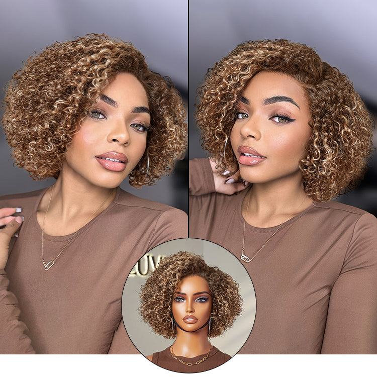 Beginner Friendly Ash Blonde Highlight Short Kinky Curly Wig Glueless Minimalist HD Lace Wig Pre-Cut Lace-10