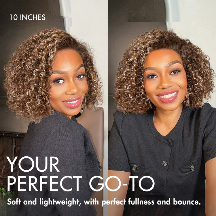 Beginner Friendly Ash Blonde Highlight Short Kinky Curly Wig Glueless Minimalist HD Lace Wig Pre-Cut Lace-12