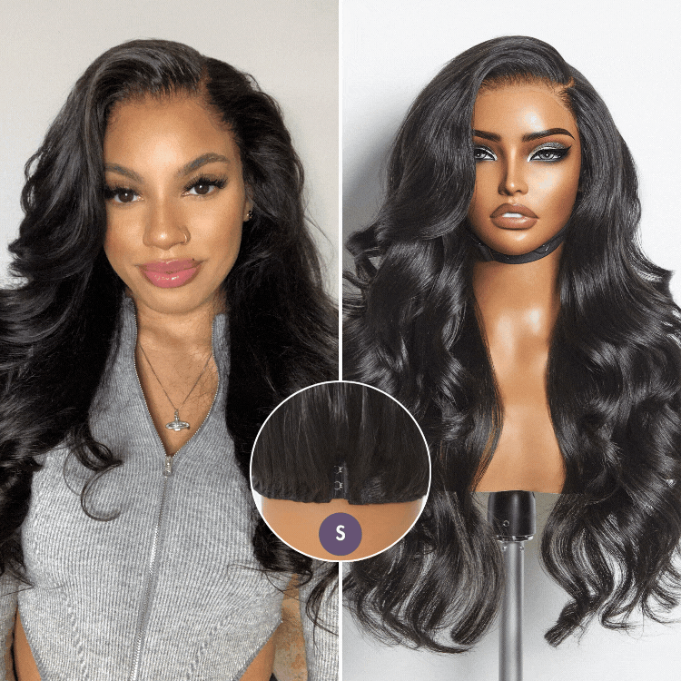 Luvme Hair All-Day Comfort glueless body wave wig with 7x6 HD lace closure, pre-cut, plucked, and bleached for easy wear.