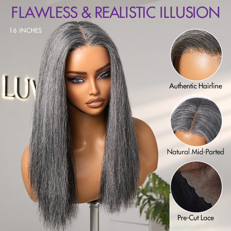 Luvme Hair salt and pepper straight grey T part wig with glueless HD lace and pre-cut lace, showcasing the minimalist design.