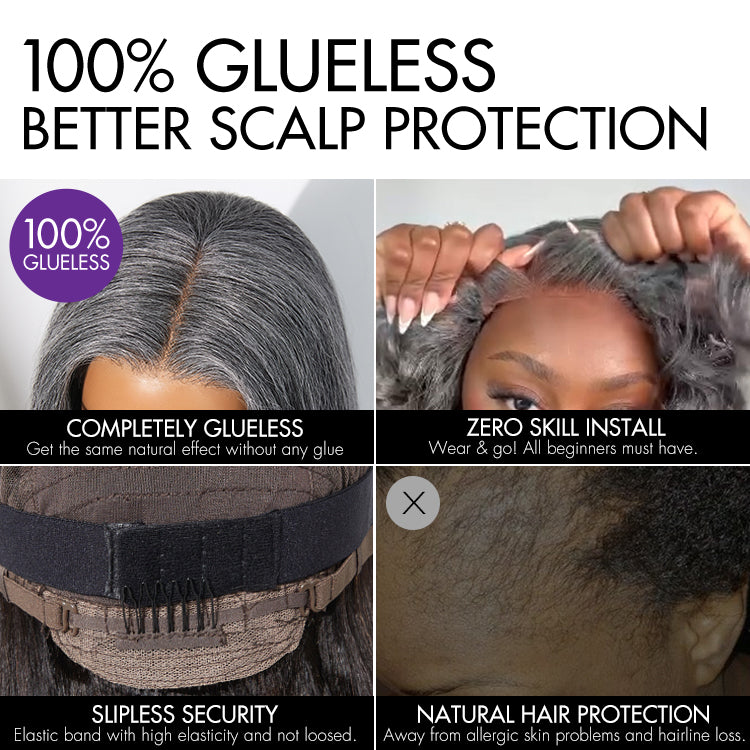 Luvme Hair grey T-part salt and pepper straight glueless HD lace wig with pre-cut lace and high 180% density.