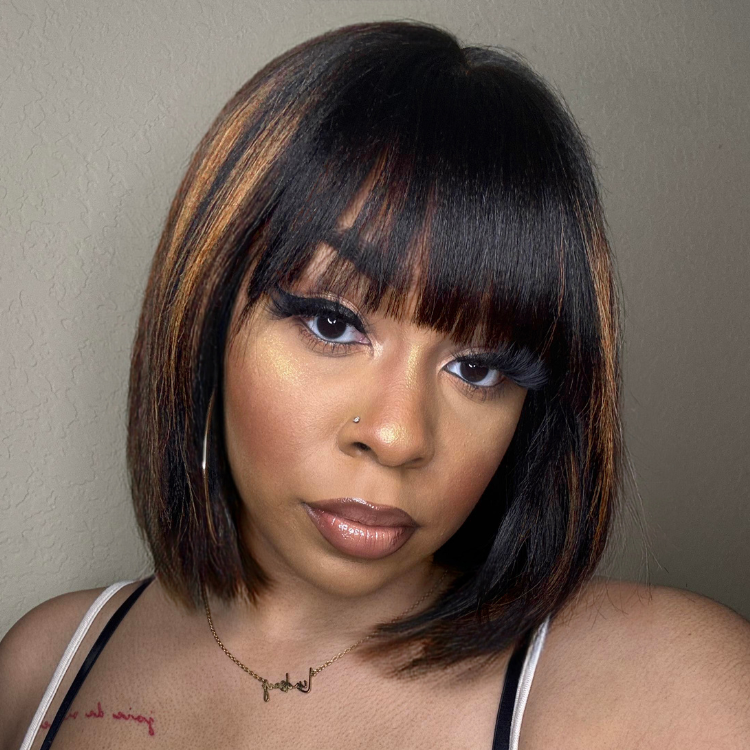 Luvme ash blonde and brown layered Yaki straight lace bob wig with natural black highlights, minimalist style for new customers.