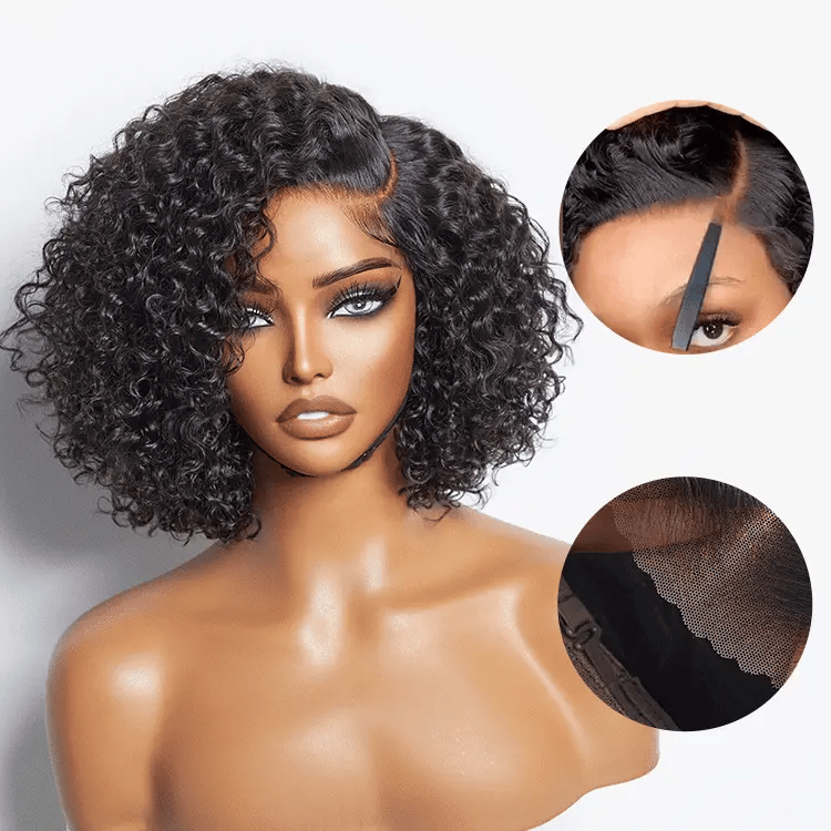 Luvme trendy short curly human hair lace wig with glueless side part, minimalist HD lace, pre-cut for easy wear.