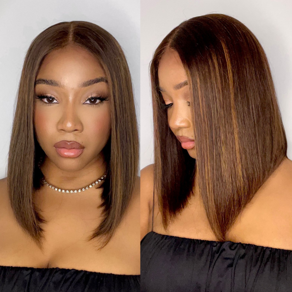 Limited Stocks | Glueless Chestnut Brown Highlights Straight 4x4 Closure Bob Wig - US Only-01