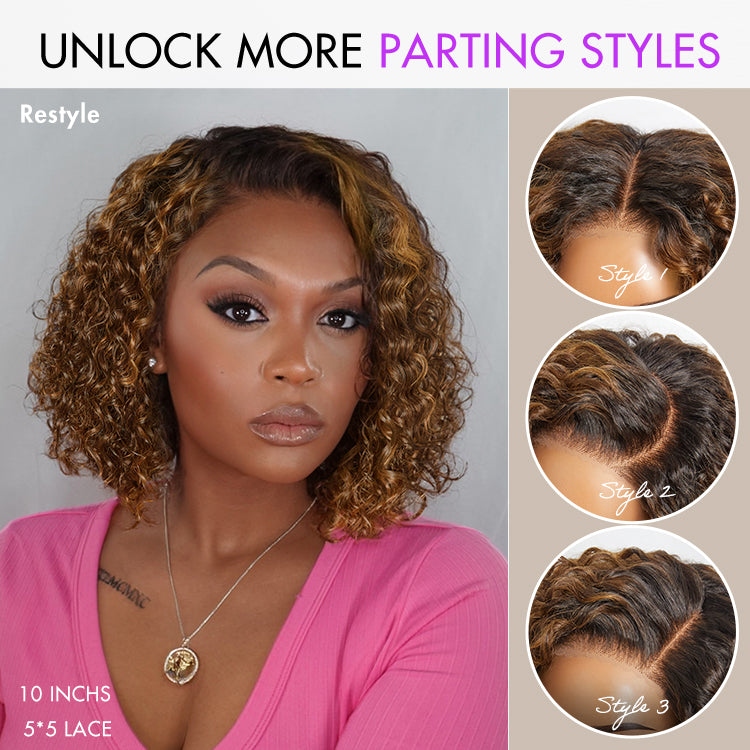 New Customers Only | Brown Highlight / Natural Black / Blonde Highlight Deep Curly Glueless 5x5 Closure Pre-Cut Lace Wig Breathable Cap-04