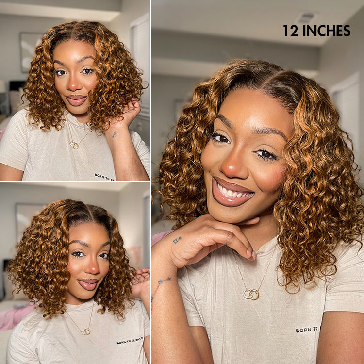 Brown Highlight / Natural Black / Blonde Highlight Deep Curly Glueless 5x5 Closure Pre-Cut Lace Wig Breathable Cap-09