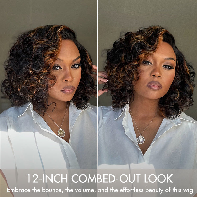 Effortless Elegance Brown Highlight / Natural Black Bouncy Curly Wig Minimalist HD Lace Glueless Wig Pre-Cut Lace-13