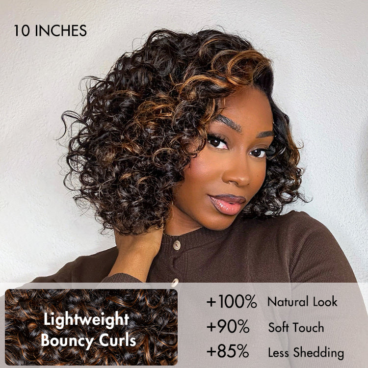 Effortless Elegance Brown Highlight / Natural Black Bouncy Curly Wig Minimalist HD Lace Glueless Wig Pre-Cut Lace-09