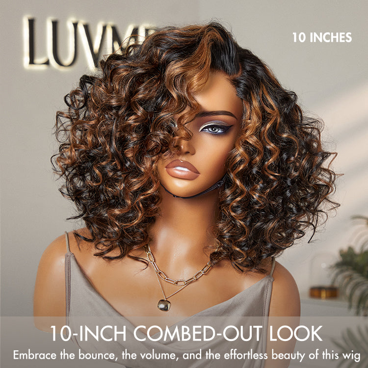 Luvme Hair black bouncy curl wig with copper highlights, HD lace, pre-cut lace, glueless design, natural look, and minimalist style.
