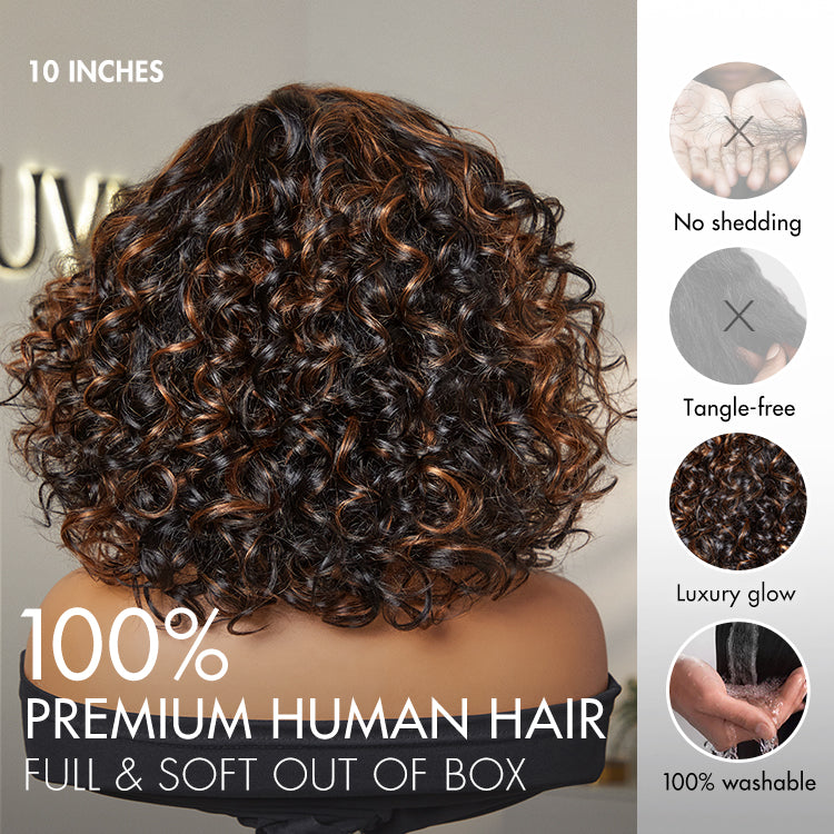 Luvme Hair copper highlight natural black bouncy curl wig with HD lace, pre-cut, glueless, minimalist style