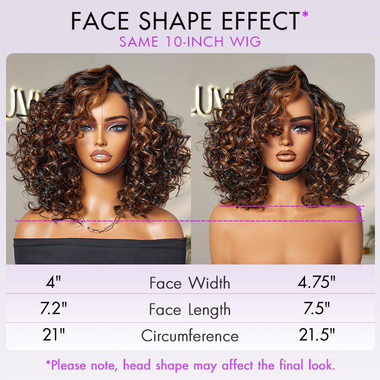 Luvme Hair black bouncy curl wig with copper highlights, HD lace, pre-cut, glueless, natural parting, minimalist style