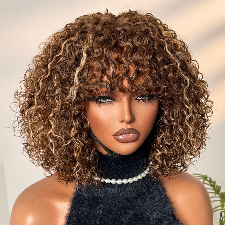 Beginner Friendly Ash Blonde Highlights Water Wave True Scalp Minimalist Lace Glueless Curly Wig with Bangs-25