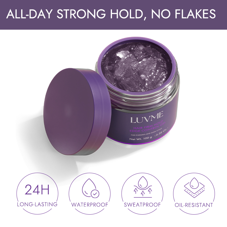 Luvme Hair edge control gel with 24-hour hold for flyaways and sleek hairstyles, shown in a clear 1pc container.