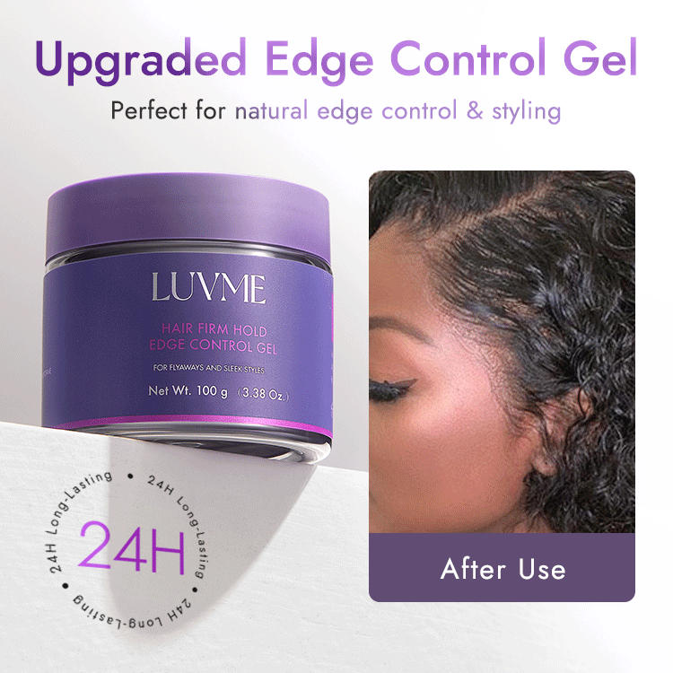 Luvme Hair edge control gel in a jar, 24-hour hold for flyaways and sleek styles, shown with a hairbrush and styled edges.