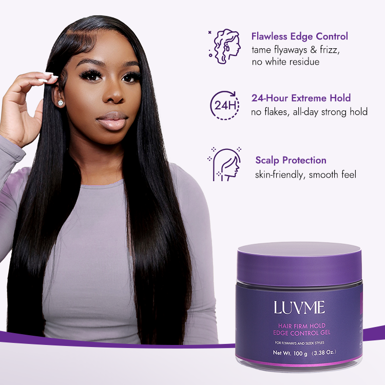 Luvme Hair edge control gel for 24-hour hold, smoothing flyaways and creating sleek hairstyles in a 1pc container.