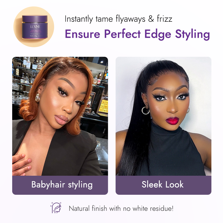Luvme Hair 1pc edge control gel with long-lasting hold, designed for sleek styles and flyaways, in a clear container.