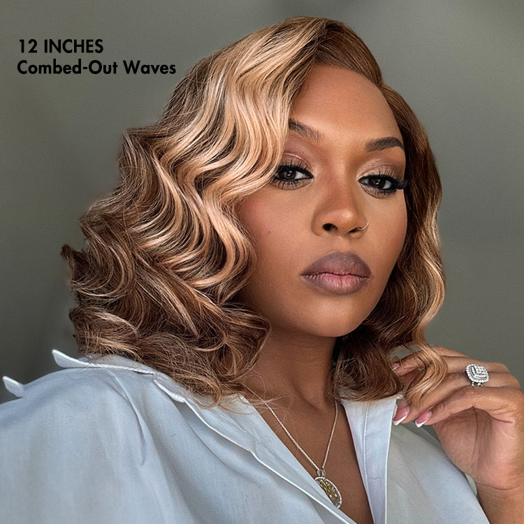 Ash Blonde Highlight Loose Wave Glueless Minimalist HD Lace Short Wavy Wig Pre-Cut Lace-16