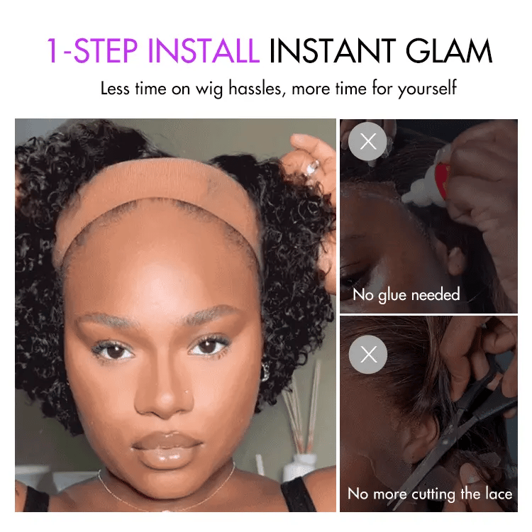 1 SEC INSTALL WIG | Honey Blonde Highlight / Natural Black Kinky Curly Glueless Minimalist HD Lace Classic Short Wig Pre-Cut Lace-05