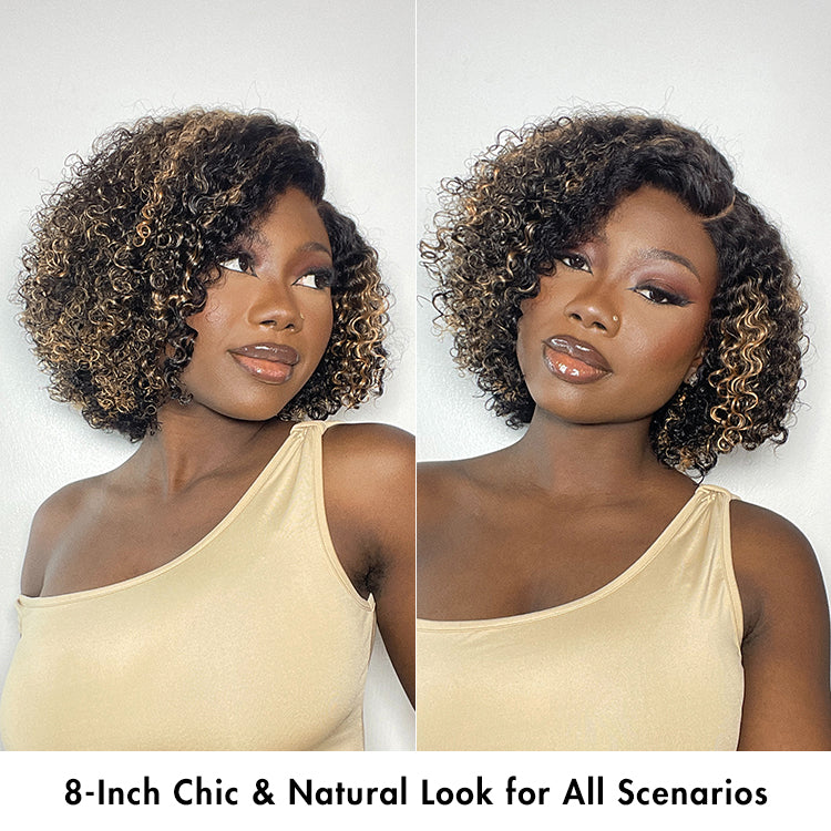 1 SEC INSTALL WIG | Honey Blonde Highlight / Natural Black Kinky Curly Glueless Minimalist HD Lace Classic Short Wig Pre-Cut Lace-08