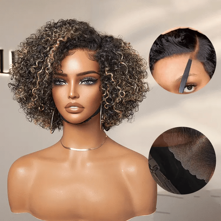 1 SEC INSTALL WIG | Honey Blonde Highlight / Natural Black Kinky Curly Glueless Minimalist HD Lace Classic Short Wig Pre-Cut Lace-03