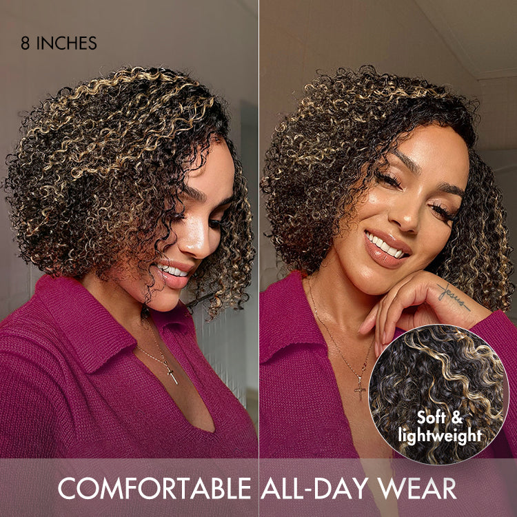 1 SEC INSTALL WIG | Honey Blonde Highlight / Natural Black Kinky Curly Glueless Minimalist HD Lace Classic Short Wig Pre-Cut Lace-07