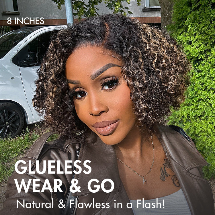 1 SEC INSTALL WIG | Honey Blonde Highlight / Natural Black Kinky Curly Glueless Minimalist HD Lace Classic Short Wig Pre-Cut Lace-04