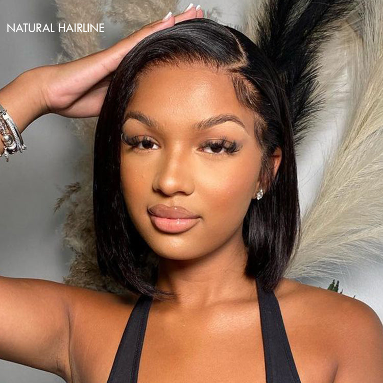 Luvme Hair glueless HD lace wig with silky blunt bob cut, partingMax closure, breathable cap, and 7x6 lace closure detail.