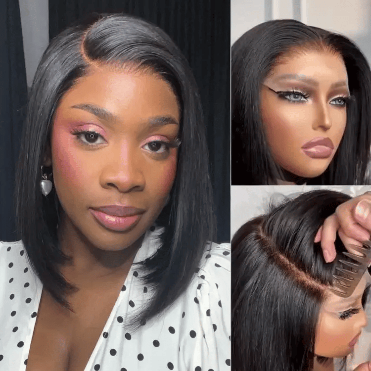 Luvme Hair glueless HD lace wig with silky blunt bob cut, 7x6 closure, breathable cap, showcasing the wig's texture and lace detail.