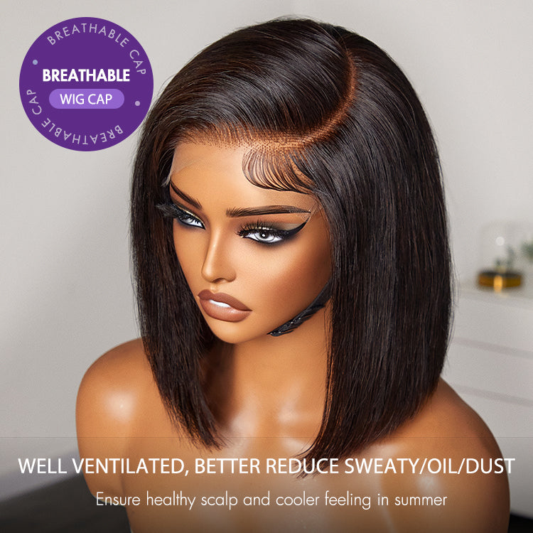Luvme Hair glueless HD lace bob wig with silky blunt cut, 7x6 closure, breathable cap, and natural parting style.
