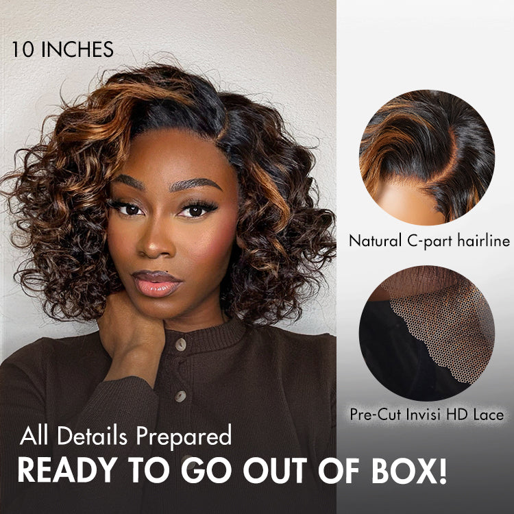 Luvme Hair minimalist lace wig with bouncy curls, left C part, pre-cut lace, glueless design, natural hairline, HD lace for seamless wear.