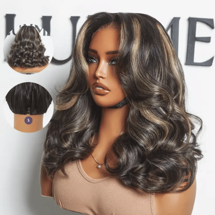 200% Density Curtain Bangs Blonde Highlight Loose Wave Glueless 5x5 Closure Pre-Cut Lace Wig All Head Sizes Fit Cap-12