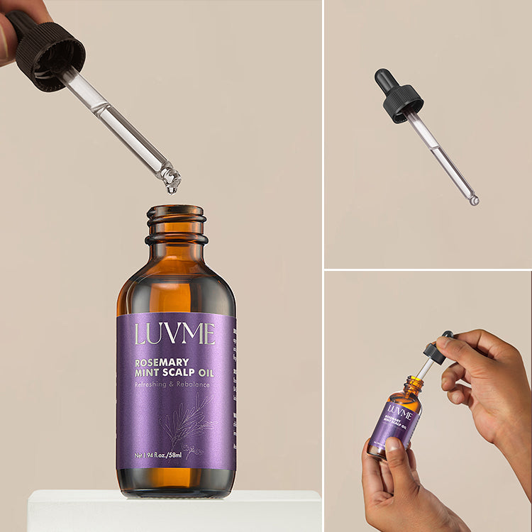 Luvme Hair Rosemary Mint Scalp Oil bottle for scalp care, soothing and strengthening hair with rosemary and mint ingredients.
