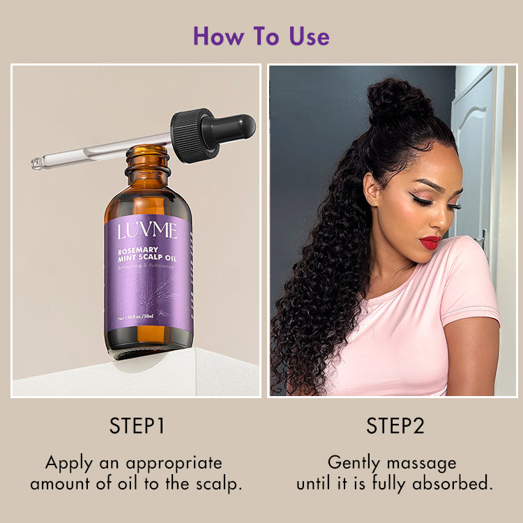 Luvme Hair Rosemary Mint Scalp Oil bottle, designed for scalp care, soothing and strengthening hair roots, with rosemary and mint ingredients.